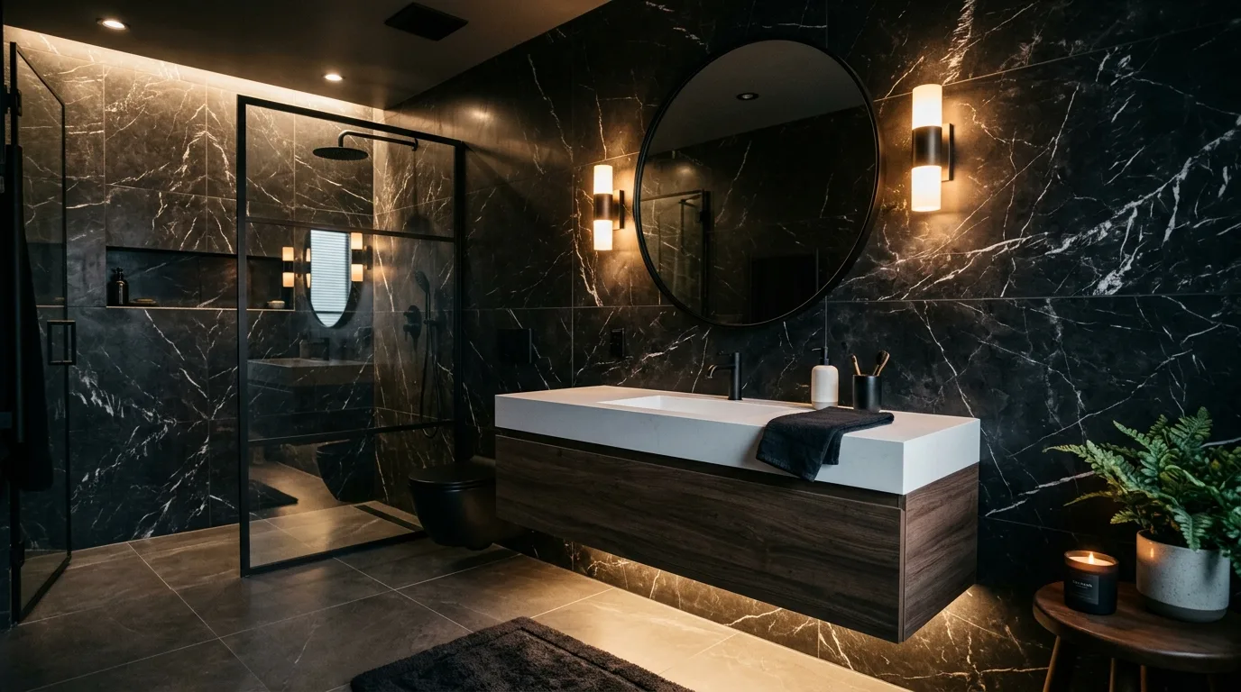 Bring in black marble for dramatic pattern inspiration for a black bathroom.